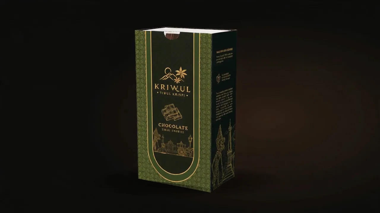 Kotak KriWul rasa Chocolate berdiri di ruang gelap, dengan logo emas dan jendela lengkung bergaris emas.