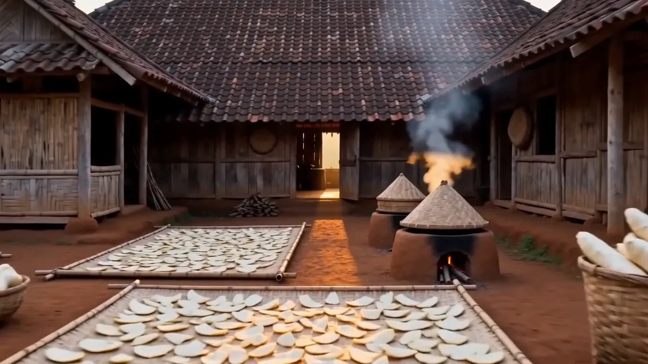 Halaman rumah kayu di desa Gunungkidul dengan gaplek dijemur di atas tikar dan tiwul dikukus di kukusan bambu.