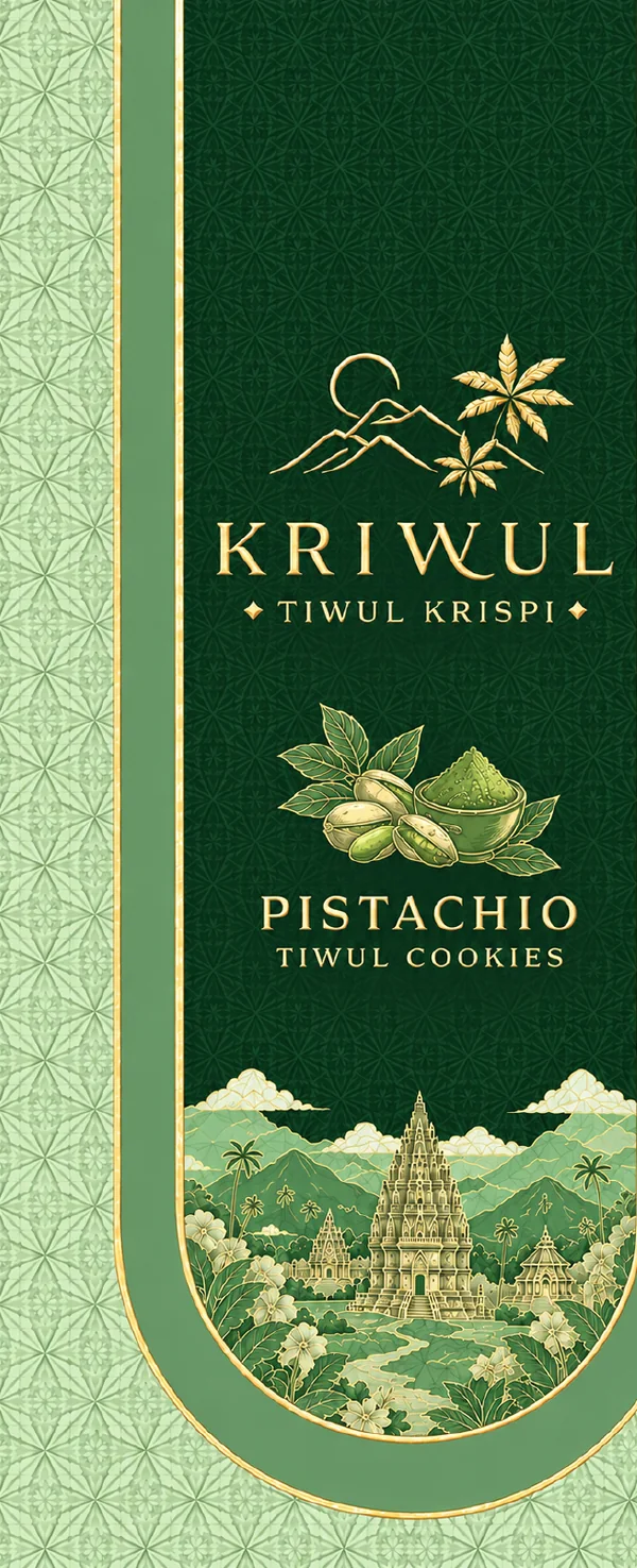 Panel depan kotak KriWul Pistachio: jendela lengkung hijau tua dengan pola hijau muda dan ilustrasi candi.