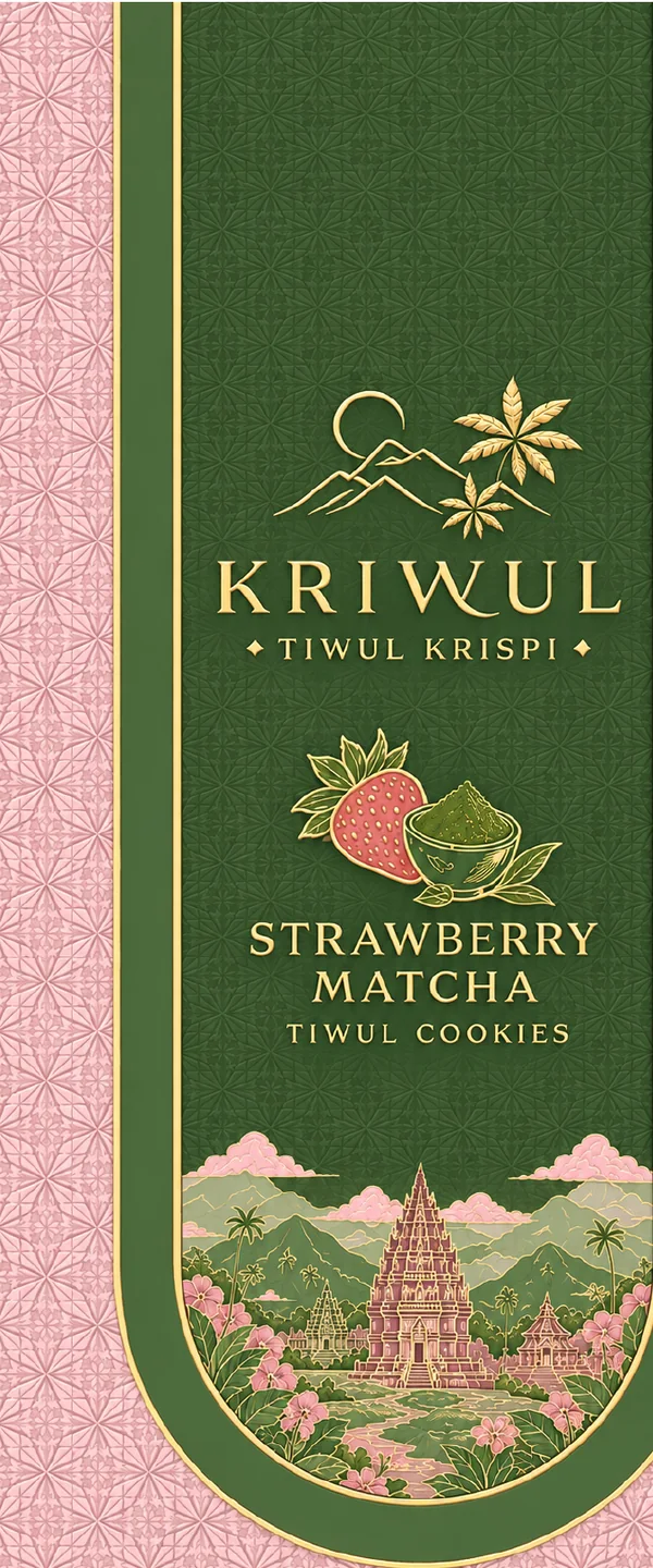 Panel depan kotak KriWul Strawberry Matcha: jendela lengkung hijau tua dengan pola merah muda dan ilustrasi candi.