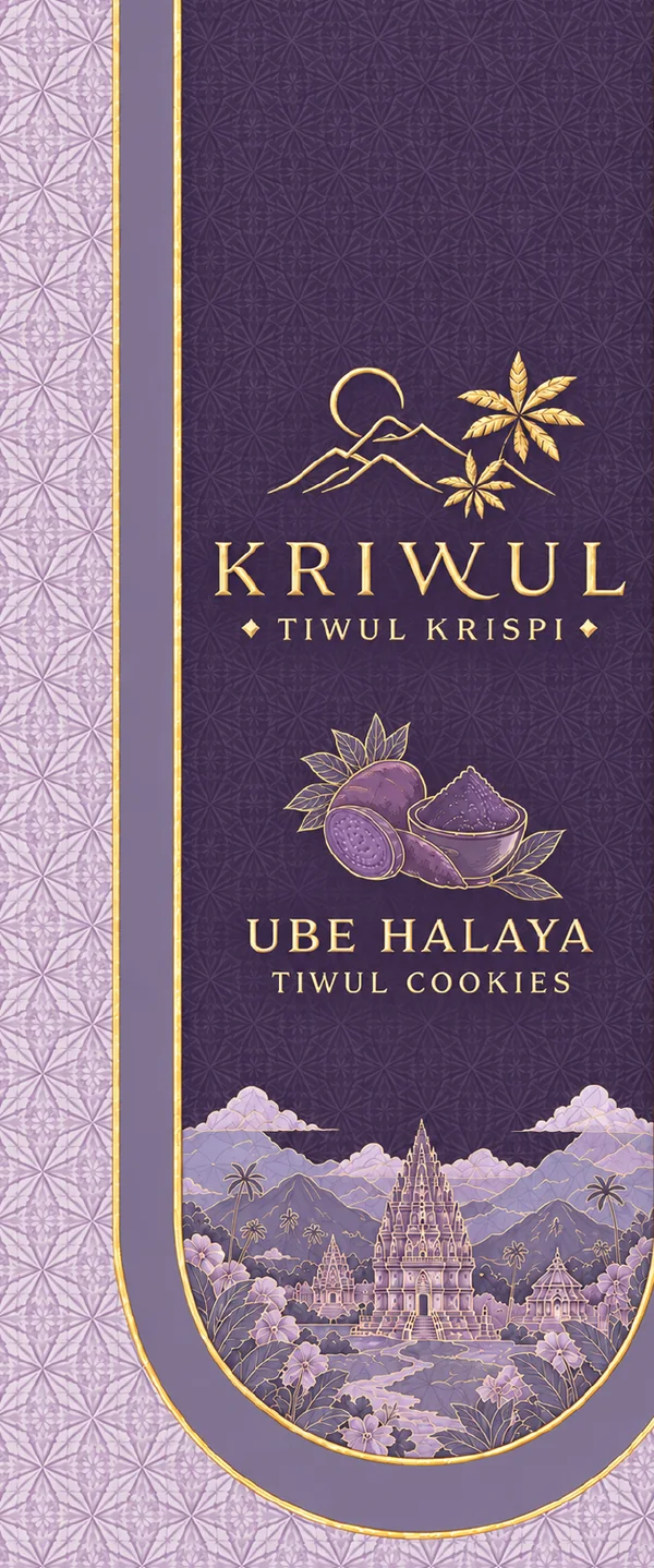 Panel depan kotak KriWul Ube Halaya: jendela lengkung ungu dengan pola lavender dan ilustrasi candi.